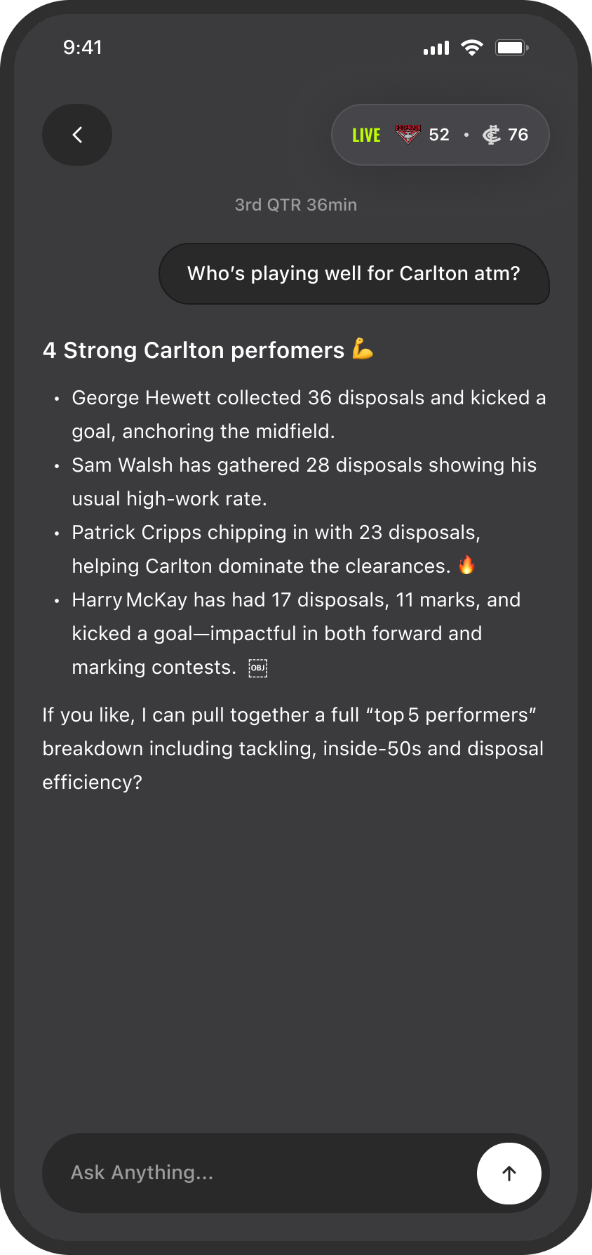 Chat screen discussing four strong Carlton players with stats on disposals, goals, and marks during a live match against Essendon, score 52 to 76 in the 3rd quarter.
