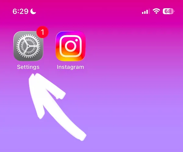Home screen with Settings and Instagram app icons and arrow pointing to Settings