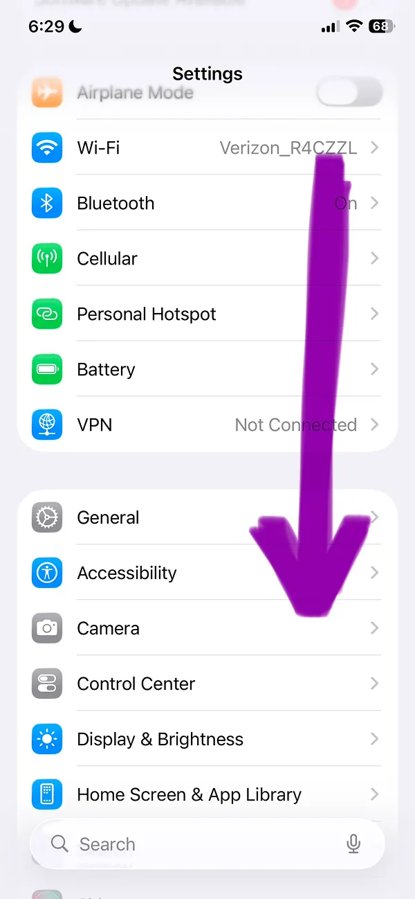 Settings page with General option highlighted by purple arrow