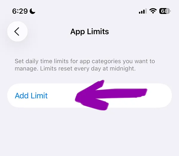 App Limits page with Add Limit button and purple arrow pointing to it