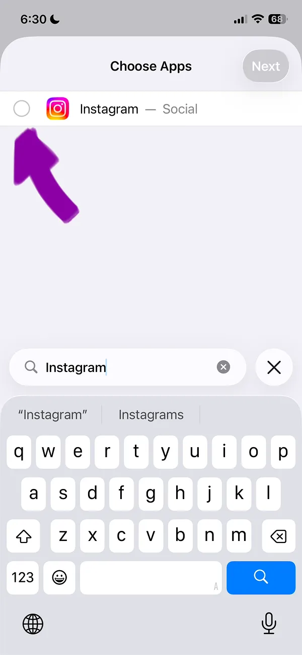 Choose Apps screen showing Instagram app selected in Social category with search field