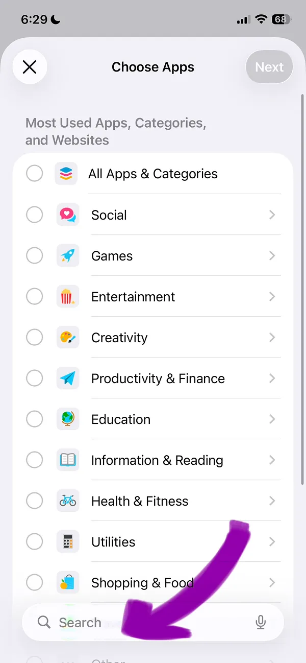Choose Apps screen displaying app categories list with purple arrow on search option