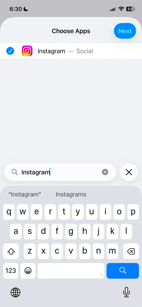 Choose Apps screen with Instagram app selected and blue checkmark enabled