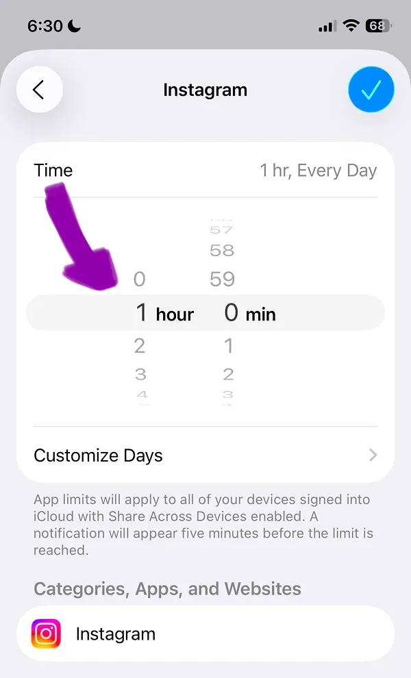 Instagram time limit setting screen configured for 1 hour daily usage