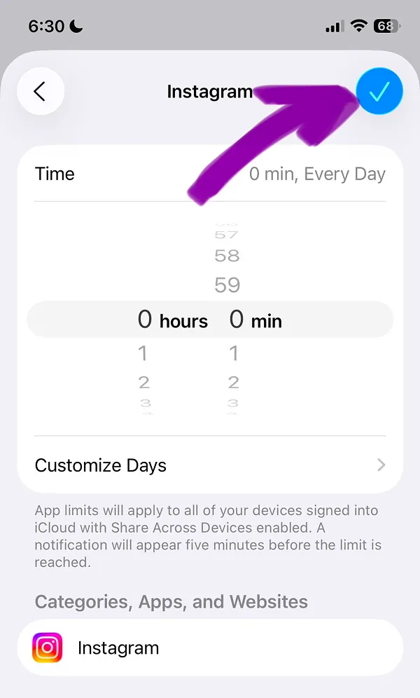 Instagram limit settings showing 0 hours 0 minutes with purple arrow highlighted
