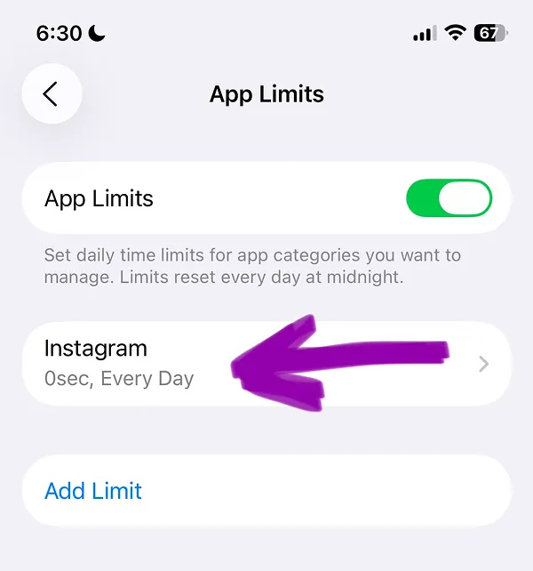 App Limits page displaying Instagram blocked with 0 seconds daily limit enabled