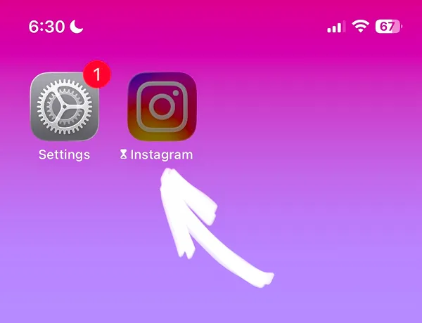 Home screen showing Instagram app with blocked icon indicator