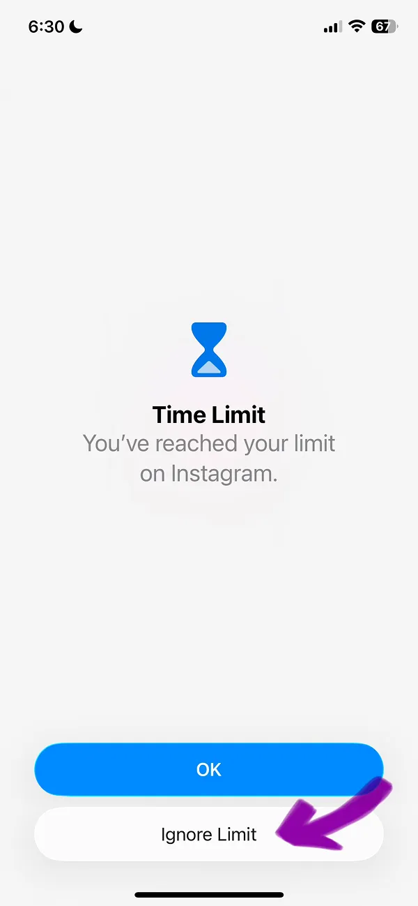 Time Limit popup notification stating you've reached your limit on Instagram