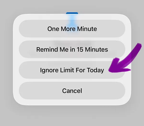 Options menu displaying Ignore Limit For Today button with purple arrow