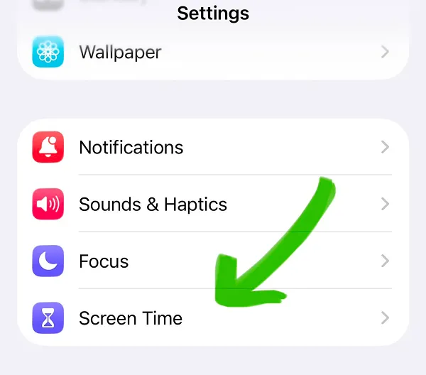 Settings menu with Screen Time option highlighted