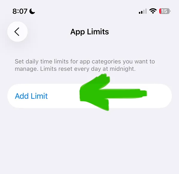 App Limits page with Add Limit button to set time restrictions