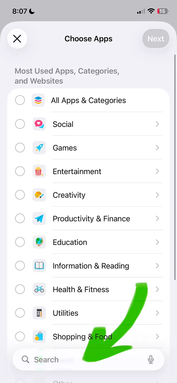 Choose Apps page displaying Social Games Entertainment and other app categories