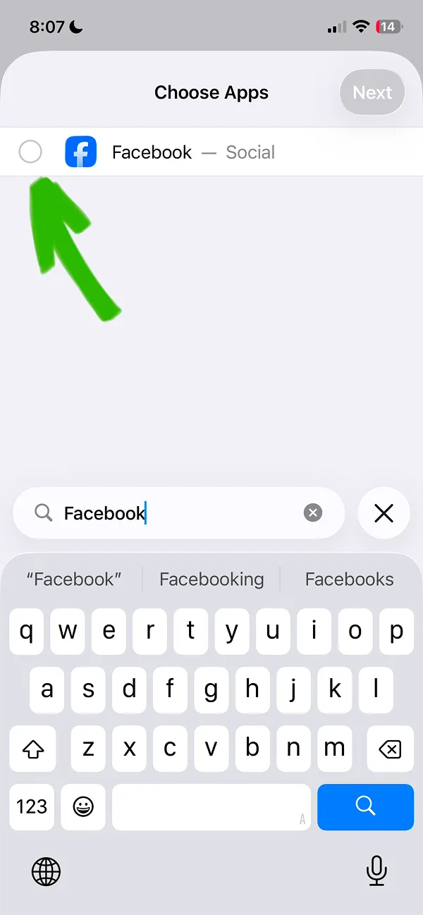 Choose Apps page with Facebook app and search bar showing Facebook results