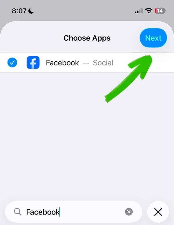 Choose Apps page with Facebook selected and Next button enabled