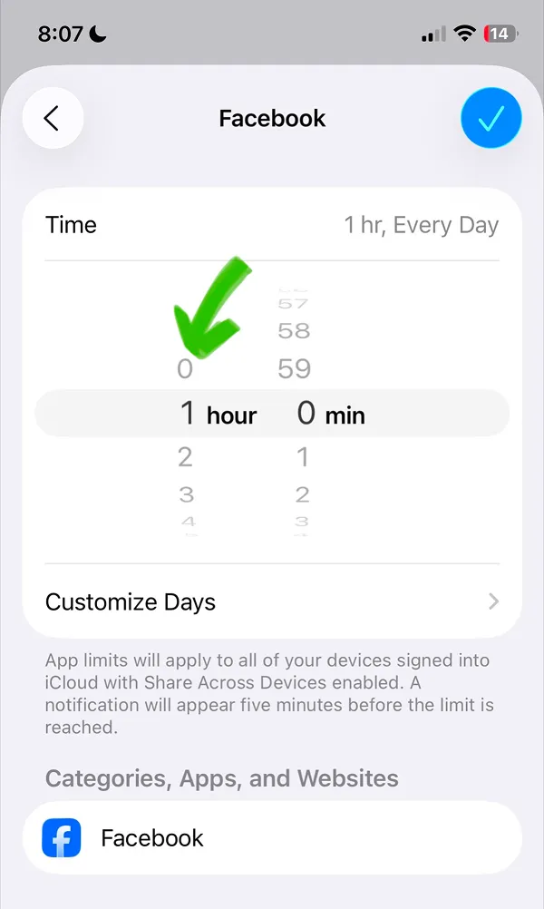 Facebook app limit settings showing 1 hour daily with Customize Days option