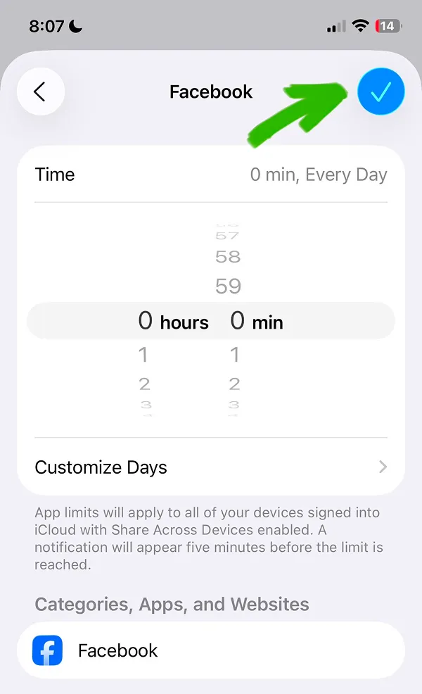 Facebook app limit settings adjusted to 0 hours and 0 minutes