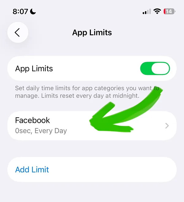 App Limits page confirming Facebook restricted to 0 seconds every day