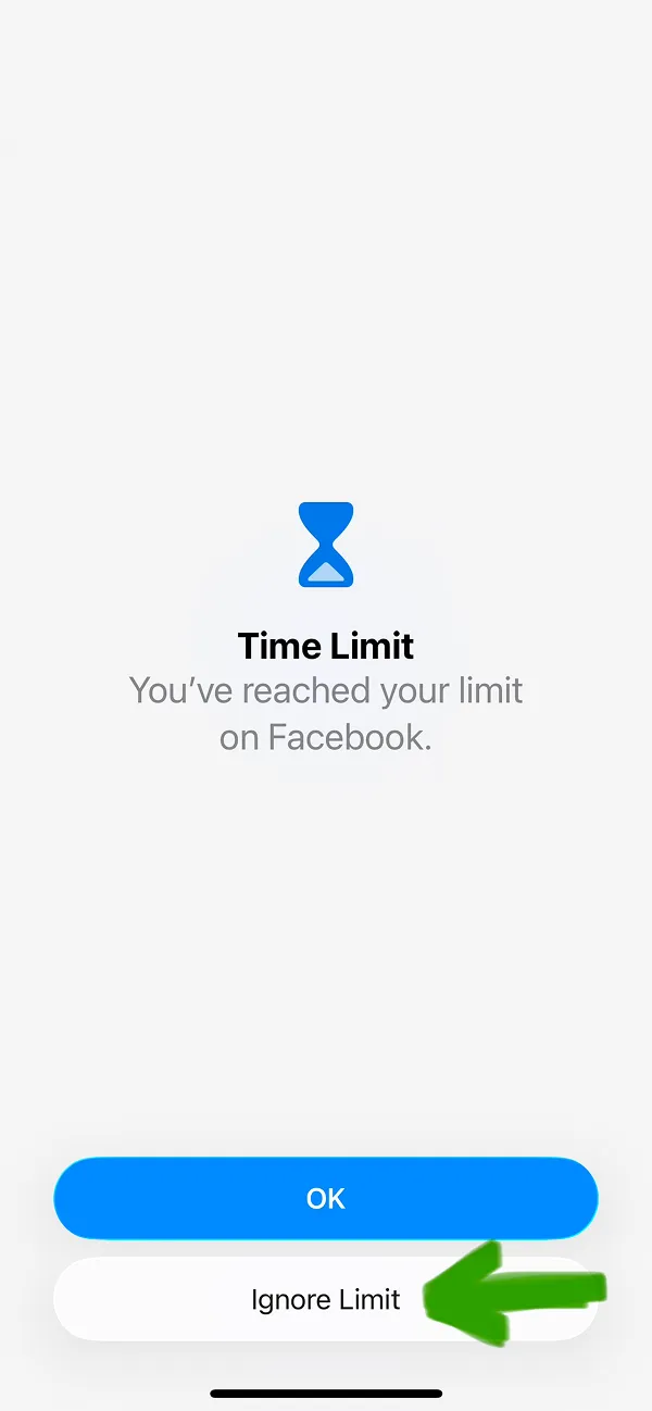 Time Limit screen displaying reached limit notification with Ignore Limit button
