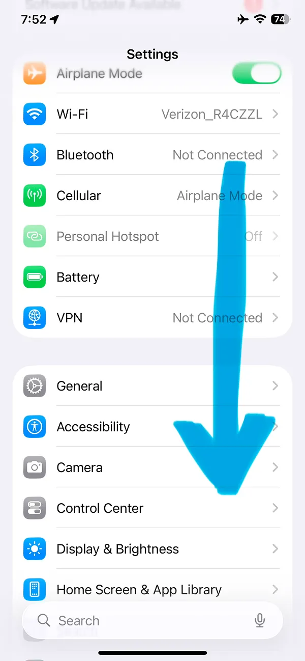 iOS Settings menu with network and system options