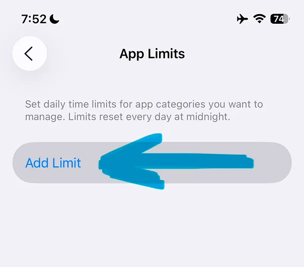 App Limits page with Add Limit button highlighted and explanation text about daily time limits