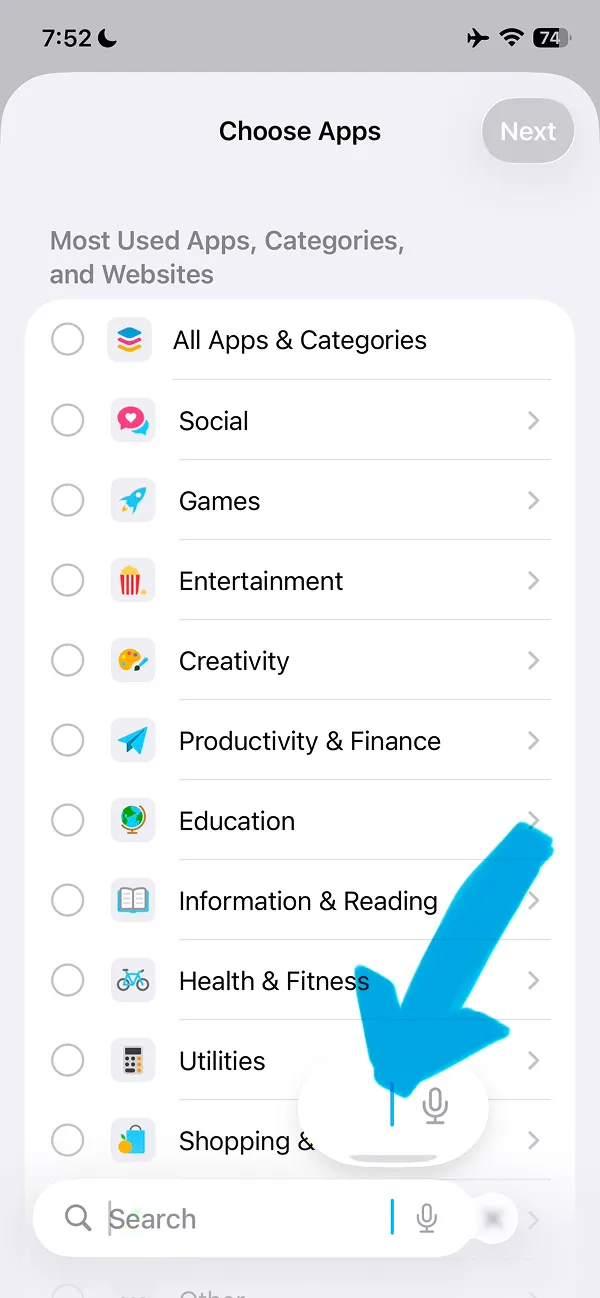 App category selection screen with Social category option and search field