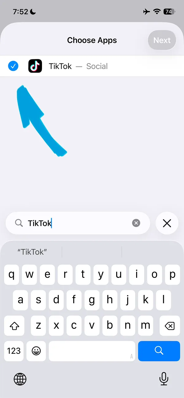Choose Apps screen with TikTok selected from Social category showing checkmark with keyboard displayed