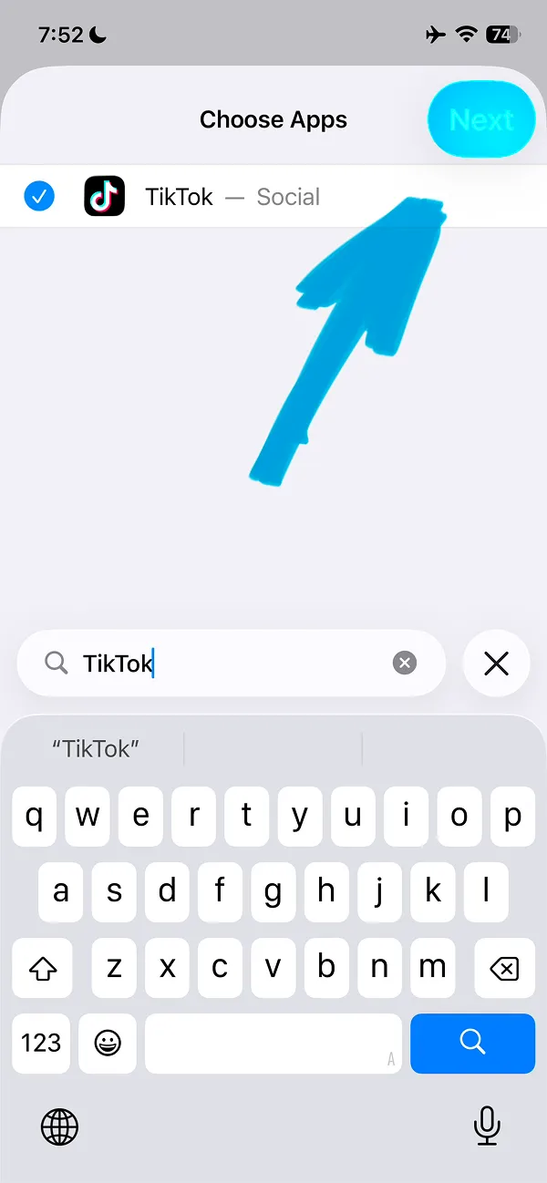 Choose Apps screen with TikTok selected and Next button highlighted in cyan