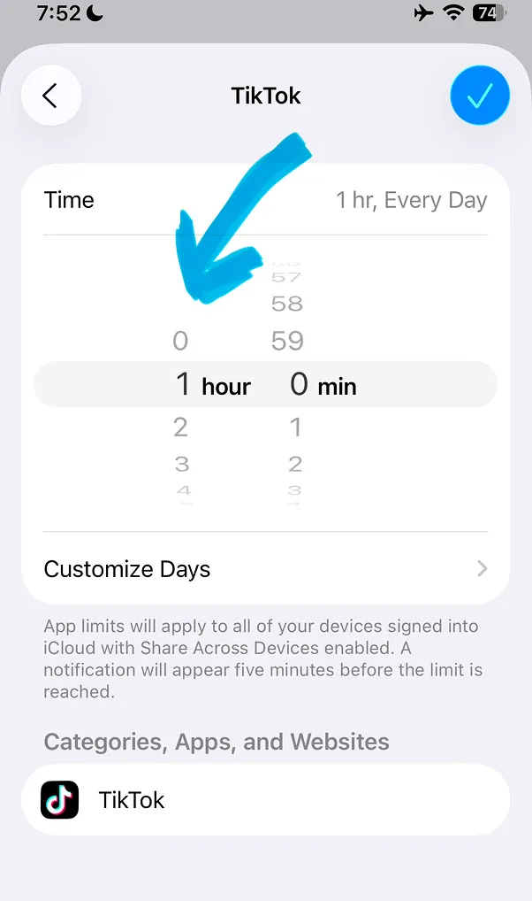 TikTok app limit settings page showing time set to 1 hour every day with Customize Days option