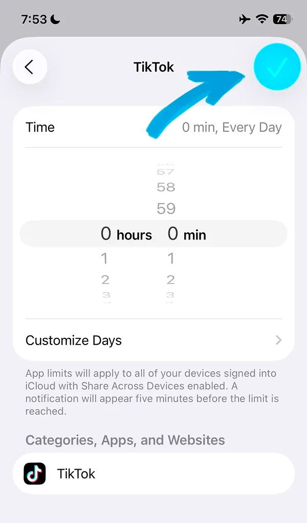 TikTok app limit settings page showing time changed to 0 hours 0 minutes with time picker visible