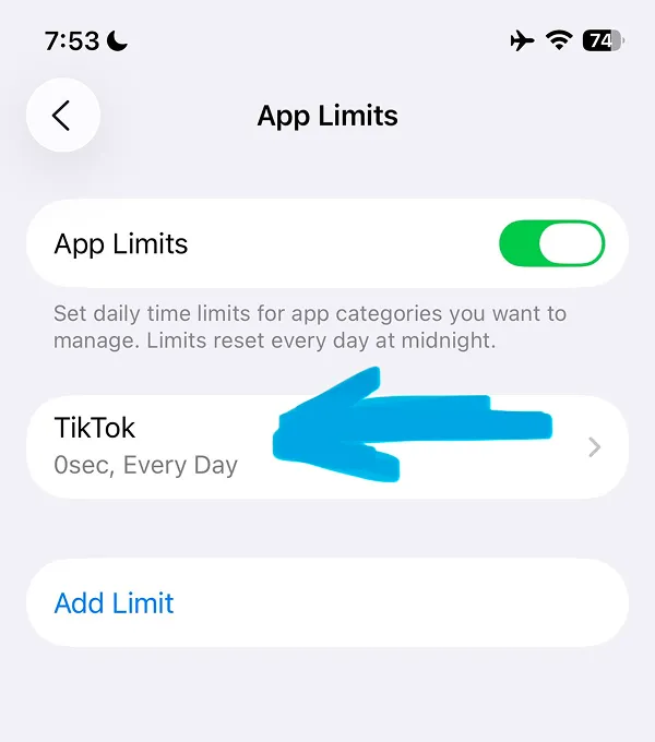 App Limits summary page showing TikTok restricted to 0 seconds every day