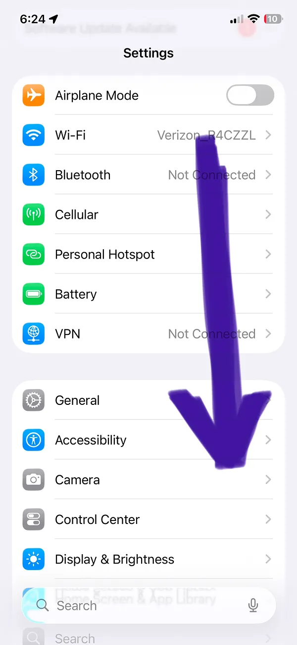 Settings menu showing connectivity options including Airplane Mode, Wi-Fi, Bluetooth, and Cellular settings