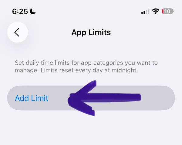 App Limits configuration page with Add Limit button to set time restrictions for apps