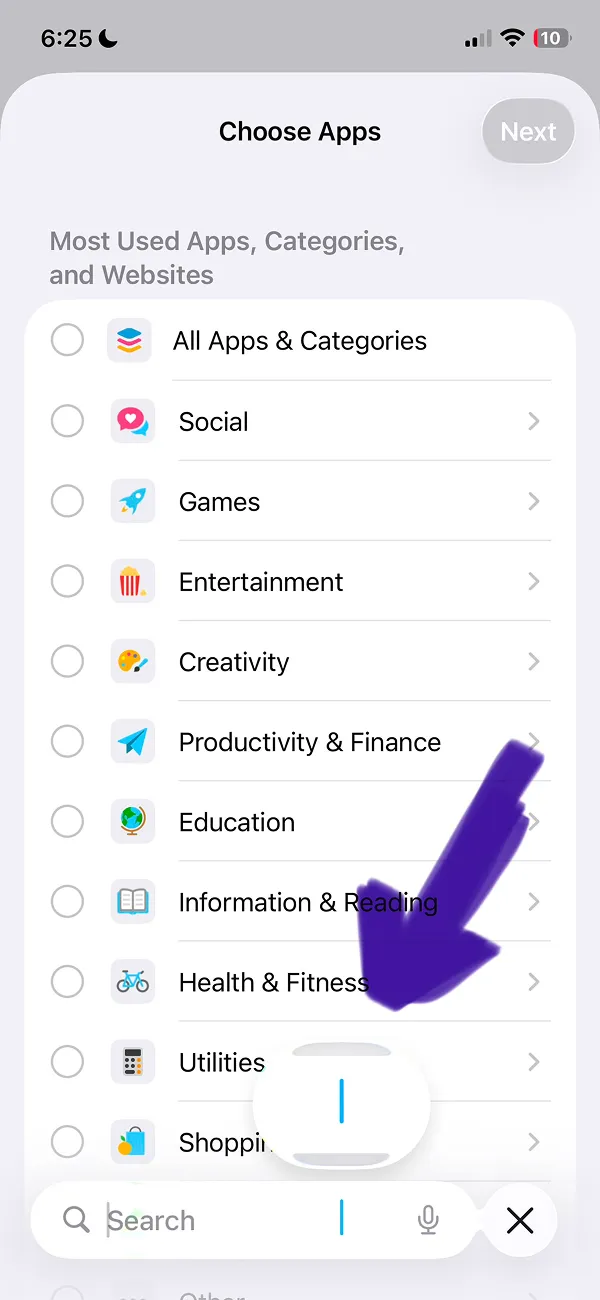 Choose Apps screen displaying app categories including Social, Games, Entertainment, Productivity, and Education