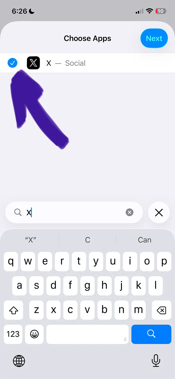 Choose Apps screen with X app selected from Social category showing checkmark confirmation