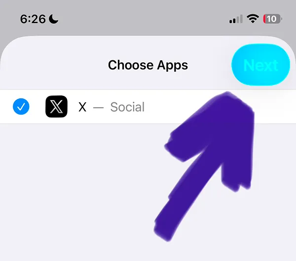 Choose Apps screen with X app selected in Social category and Next button highlighted in blue