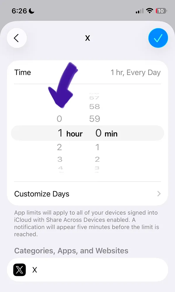 Time limit setting page for X app configured to 1 hour daily with Customize Days option
