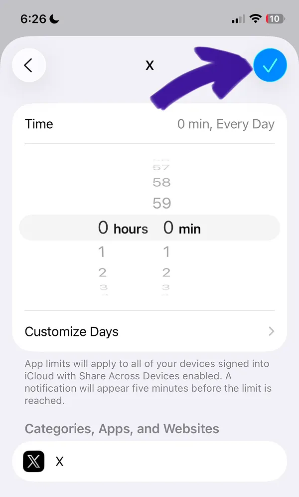 Time limit setting page for X app set to 0 hours 0 minutes to completely block access