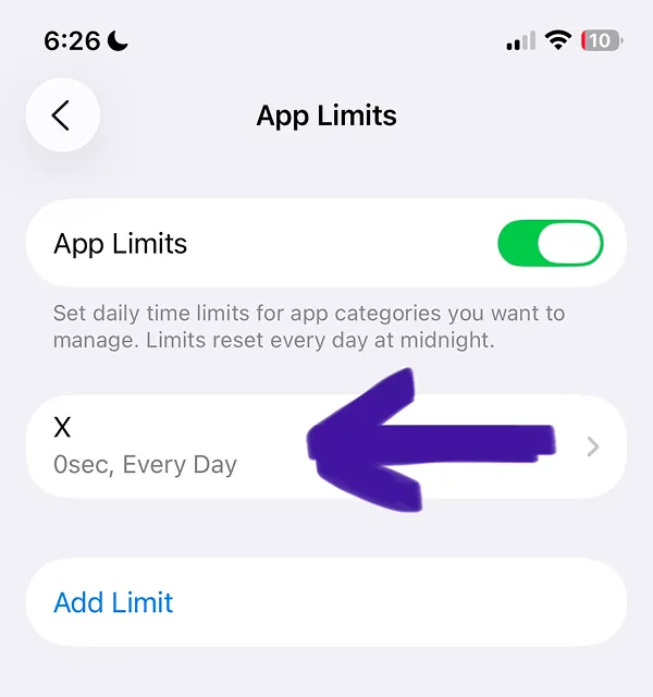 App Limits overview displaying X app with 0 second daily limit status and enabled toggle