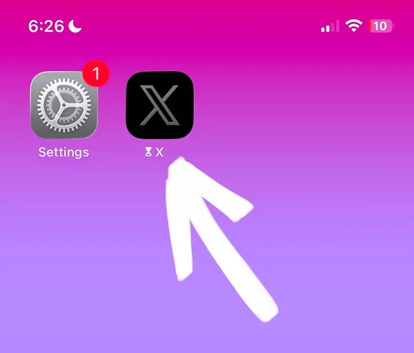 Home screen showing X app icon with blocked status indicator displayed below app name