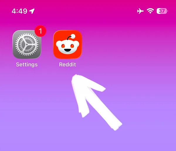 Home screen with Settings and Reddit app icons