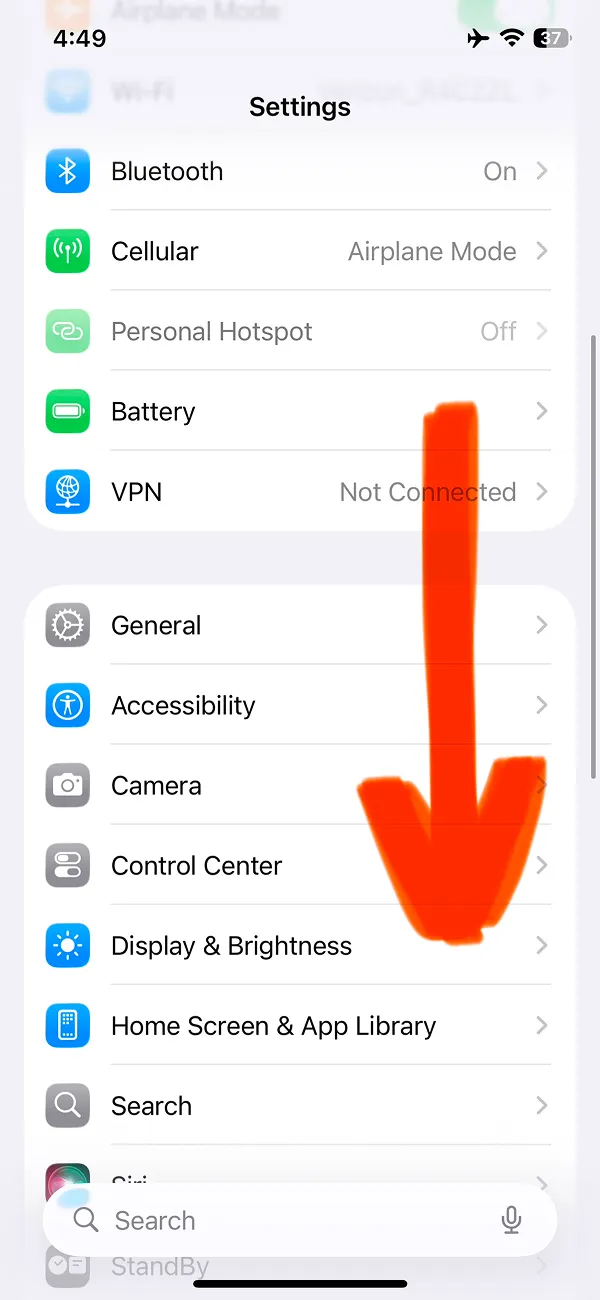 iOS Settings menu showing Bluetooth, Cellular, VPN, and Display & Brightness options