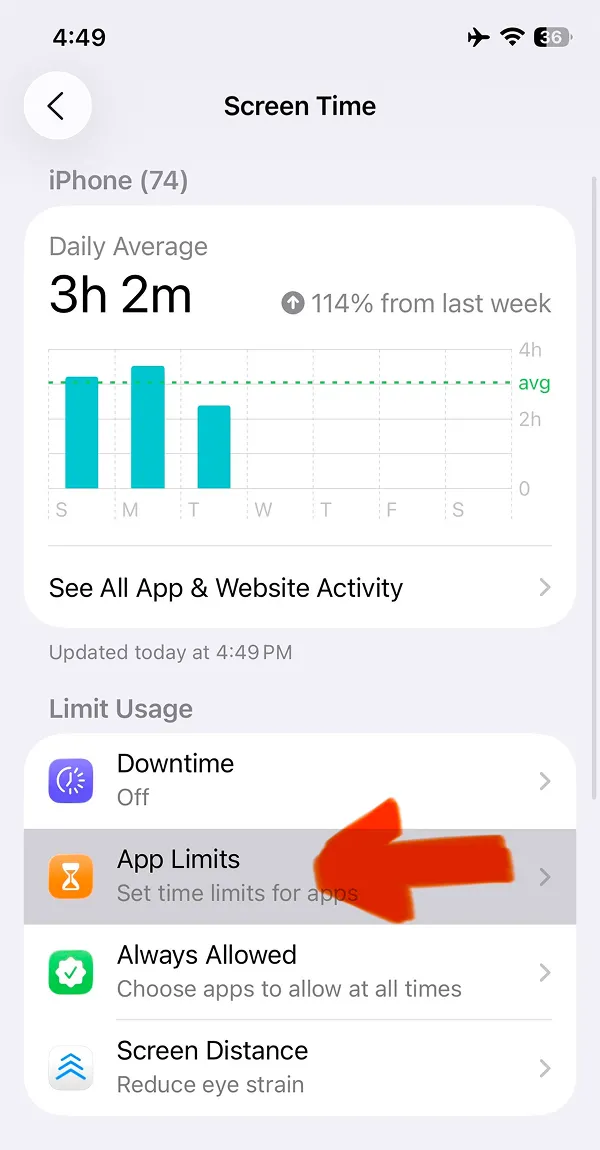 Screen Time page displaying daily usage chart and App Limits feature