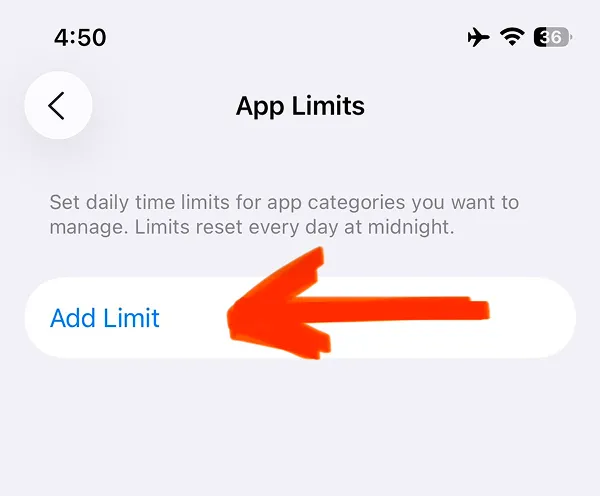 App Limits setup screen with Add Limit button