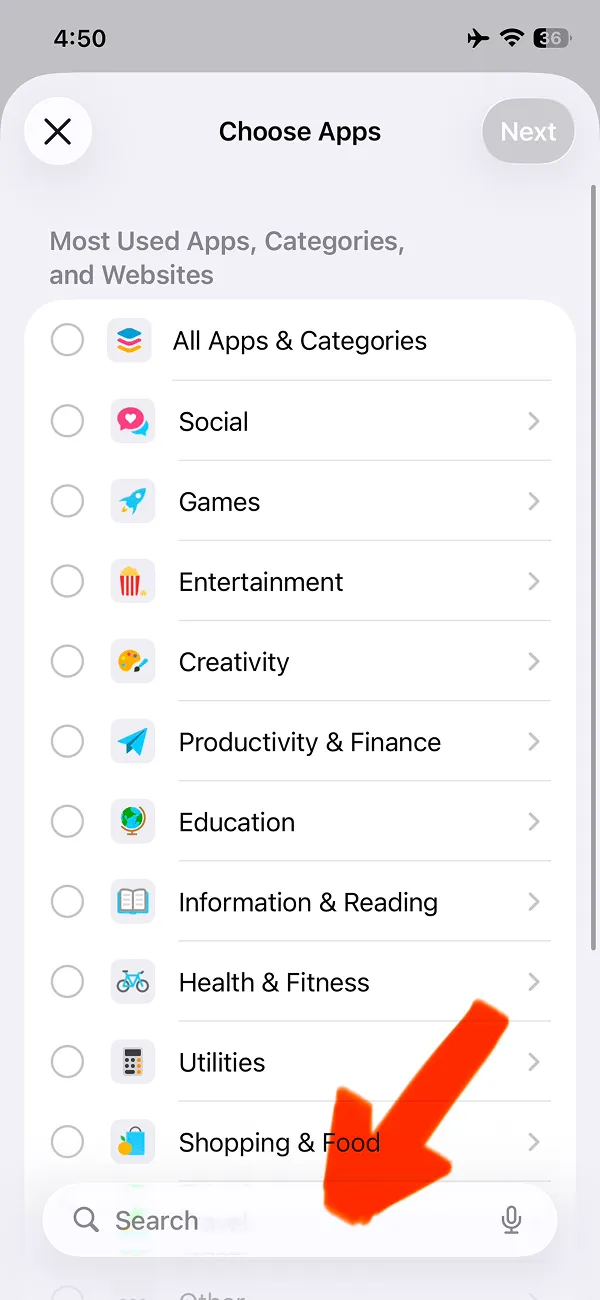 Choose Apps screen showing app categories for setting usage limits