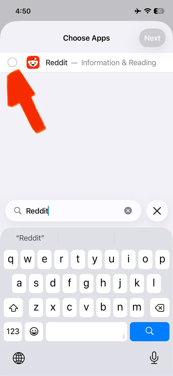 Reddit app in app selection list with search field
