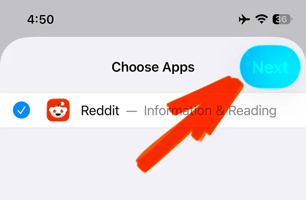 Reddit app selected with blue checkmark in Choose Apps interface