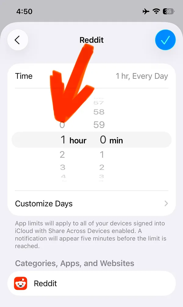 Time limit configuration for Reddit set to 1 hour daily