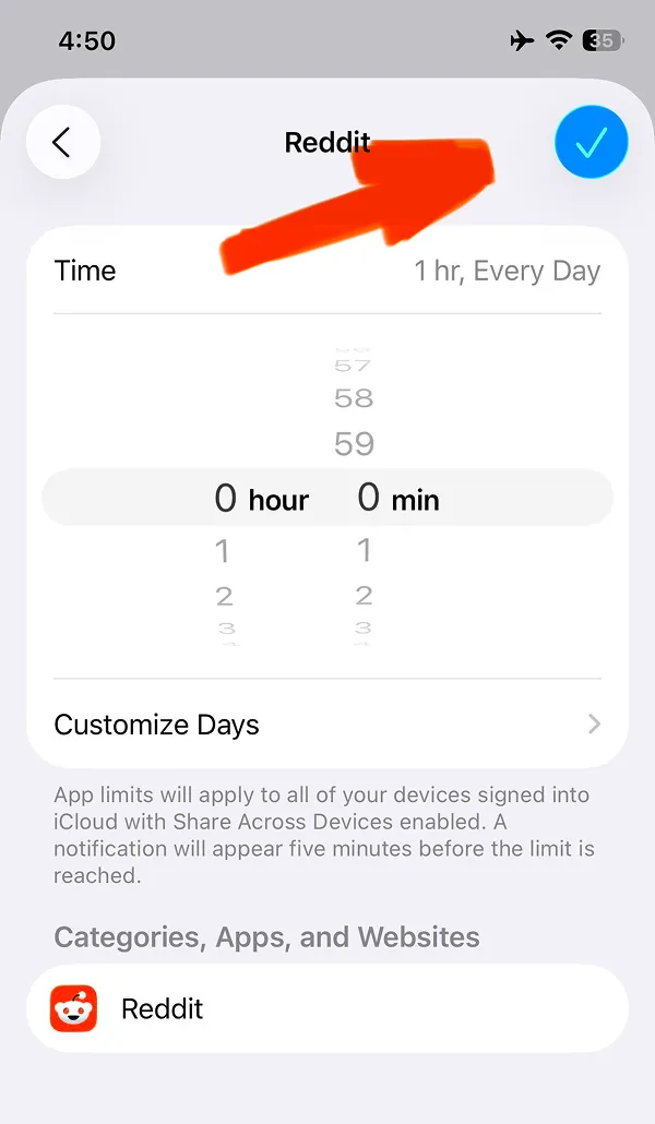 Reddit time limit changed to 0 hours 0 minutes to block access