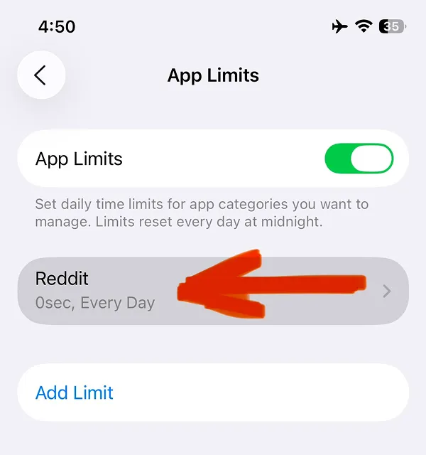 App Limits summary displaying Reddit blocked with 0 second limit