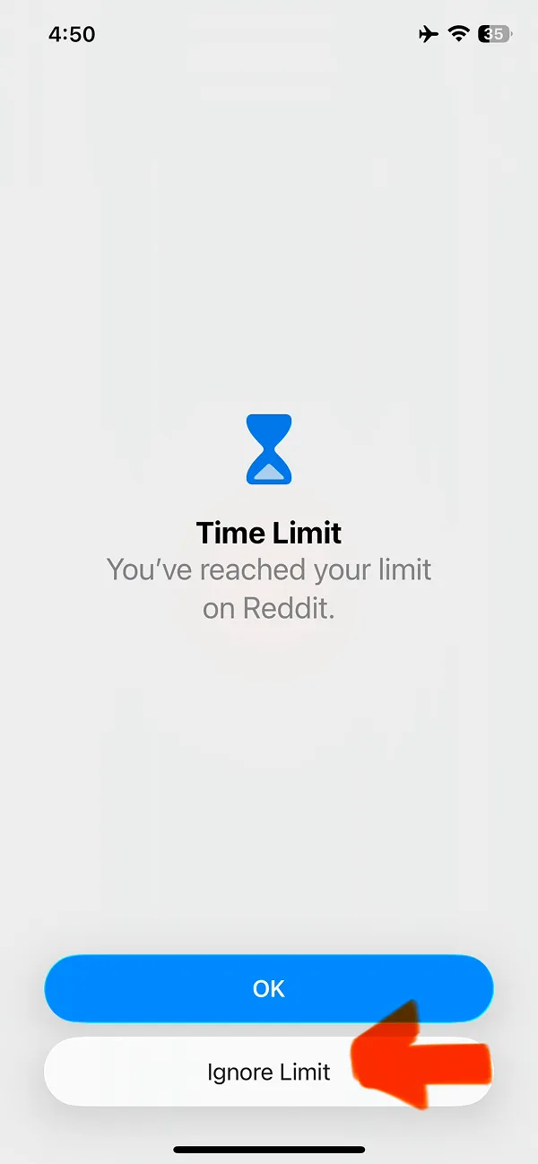 Time Limit reached alert notification with OK and Ignore Limit options